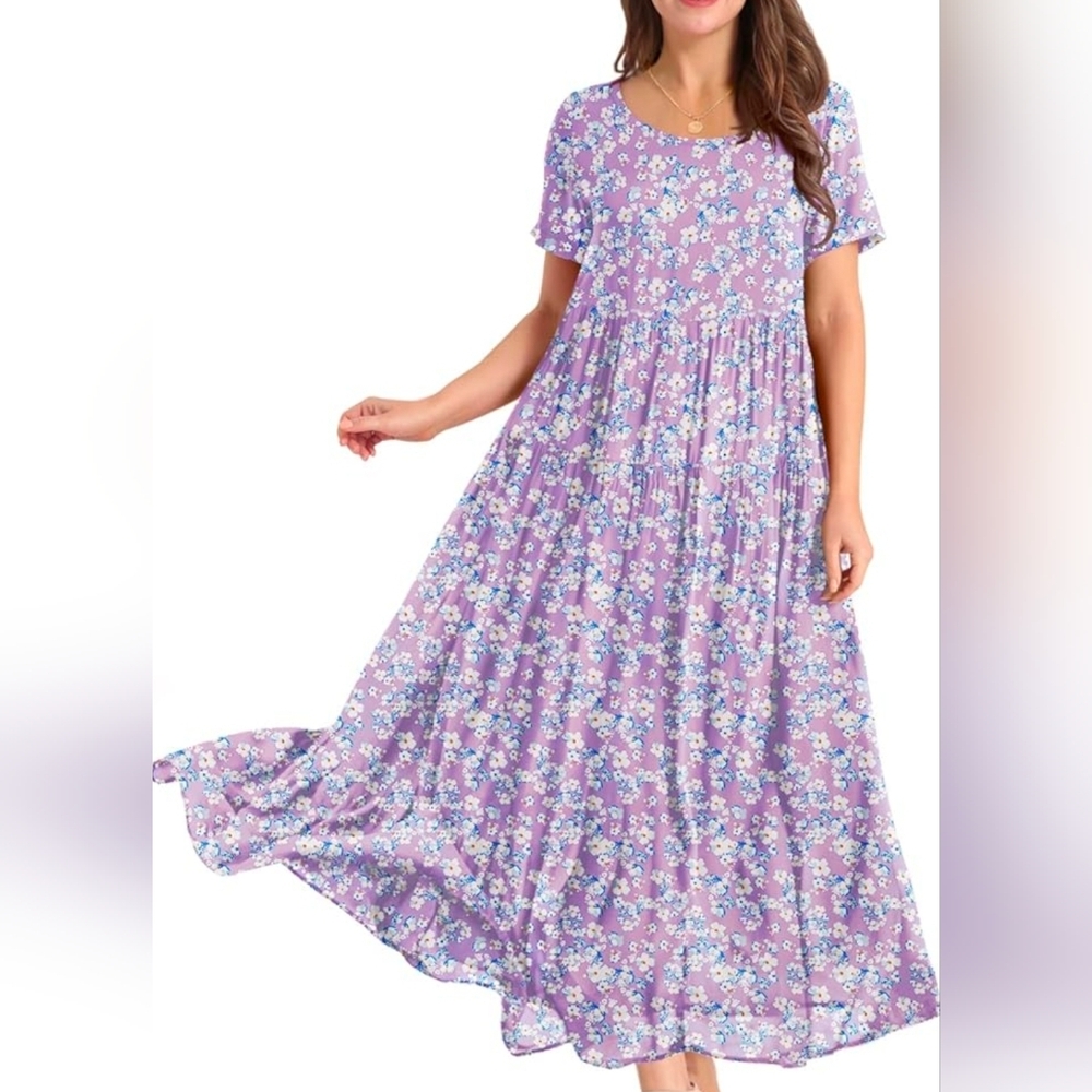 Floral Lavender Maxi Dress with Short Sleeves - Picture 2 of 5